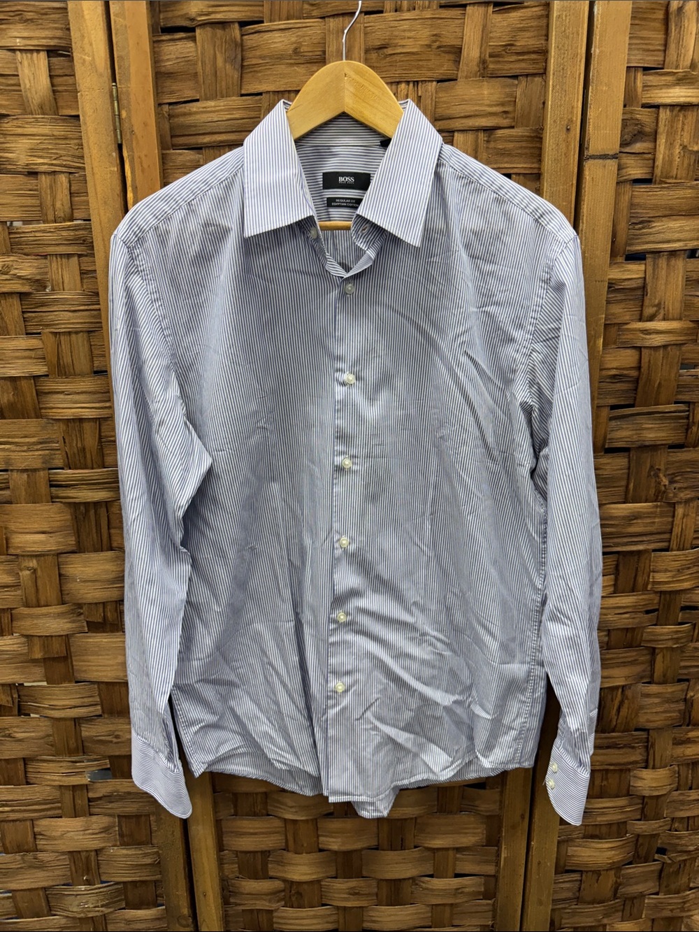 BOSS Men's Light Blue Pinstripe Egyptian Cotton Dress Shirt